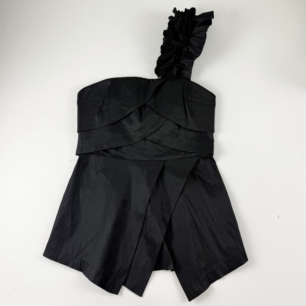 Daisy One Shoulder Floral Blouse Womens Medium Black Formal Dressy Top